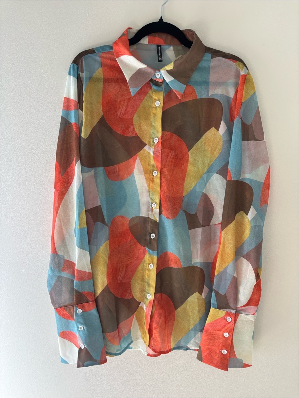 Sheer Abstract Print Button-Front Blouse in Multi-Color with Statement Cuffs